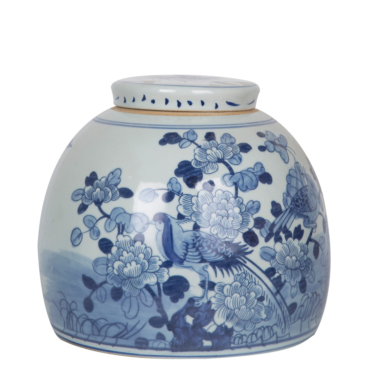 Blue and White Lins Floral Bird Ming Jar, Large