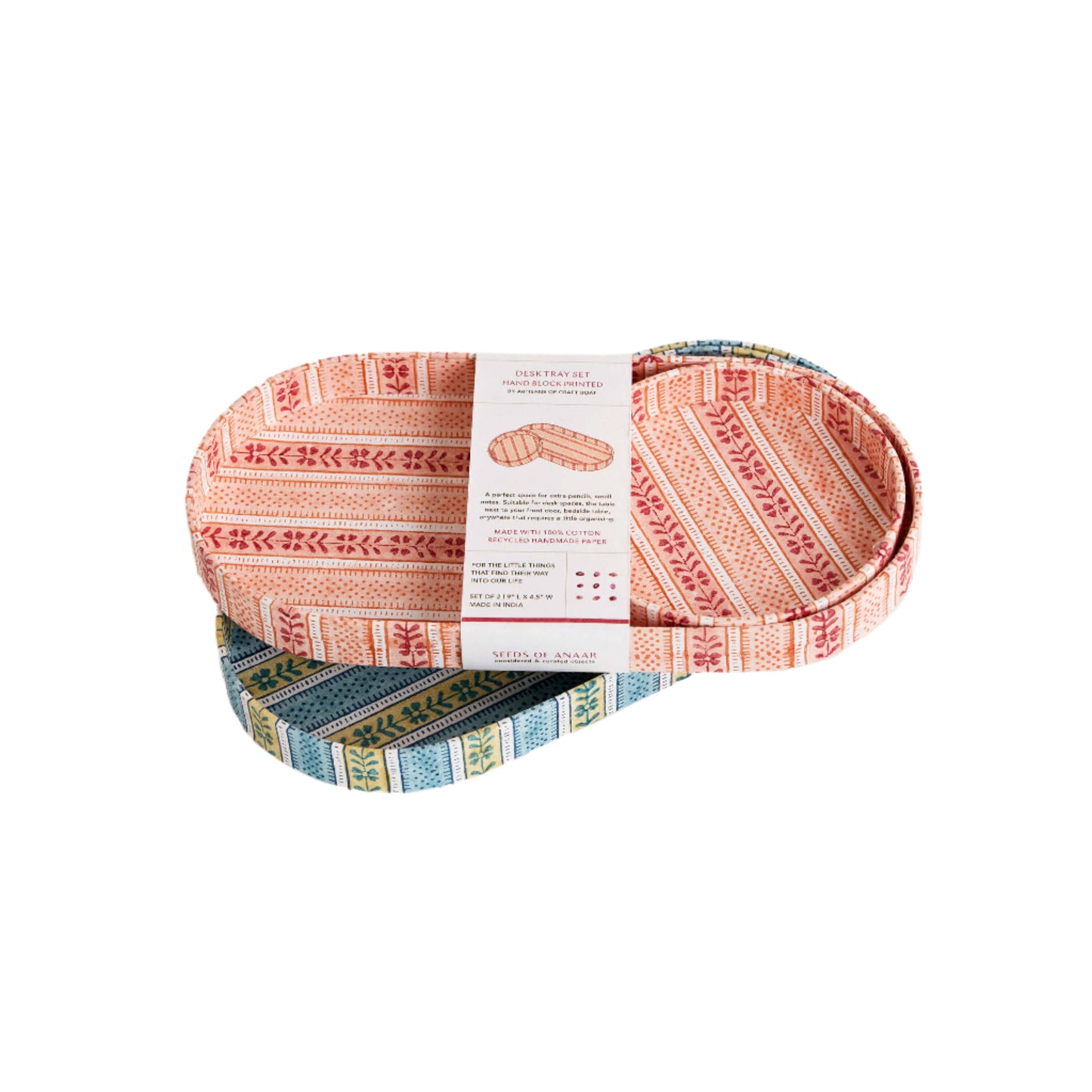 Block Printed Desk Tray Set, Floral Stripe Blue