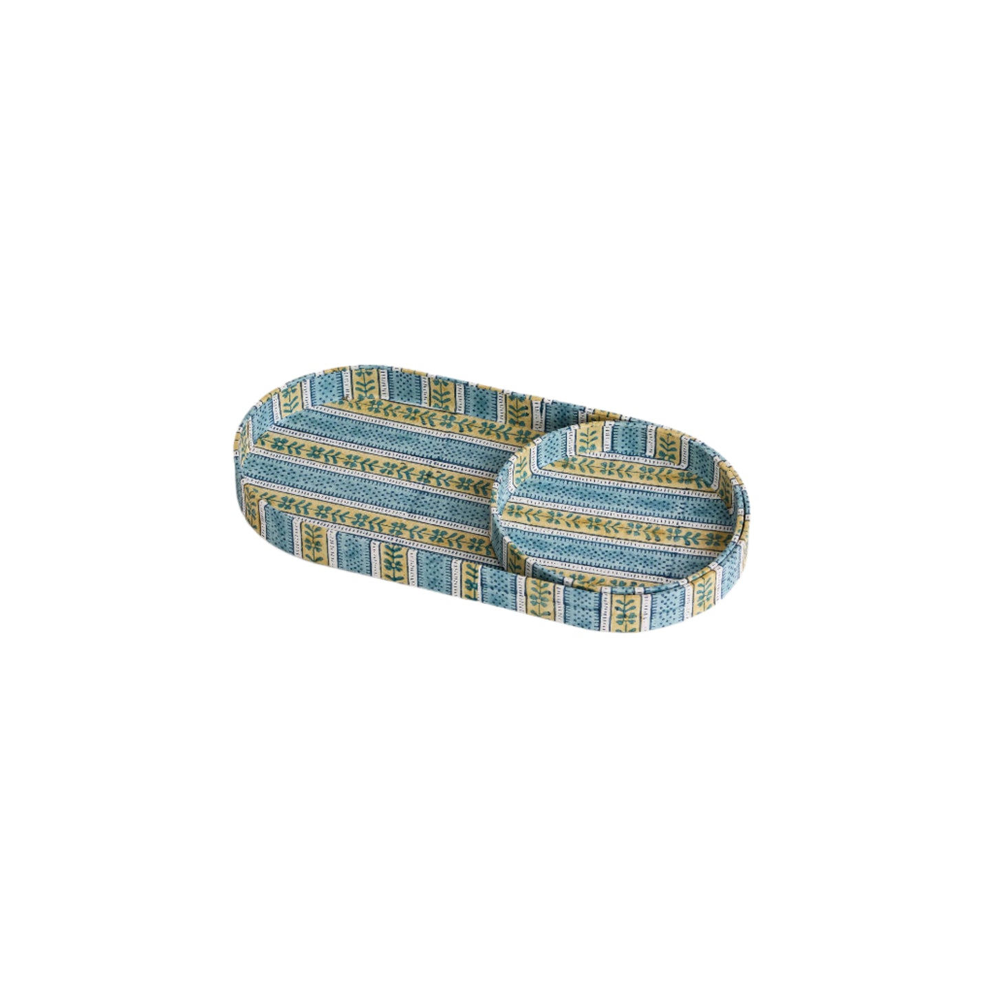 Block Printed Desk Tray Set, Floral Stripe Blue