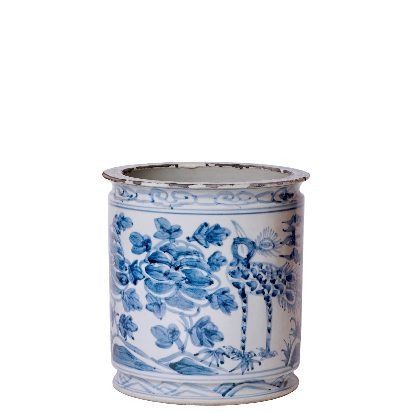 Rustic Peacock Blue and White Porcelain Cachepot