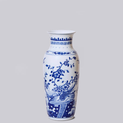 Bird and Flower Blue and White Porcelain Mallet Vase