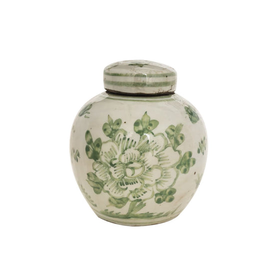 Green and White Porcelain Mini Jar Peony Motif