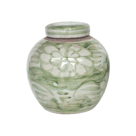 Green & White Porcelain Mini Jar Sea Flower Motif