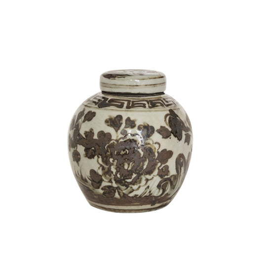 Brown & White Porcelain Mini Jar Blooming Rose