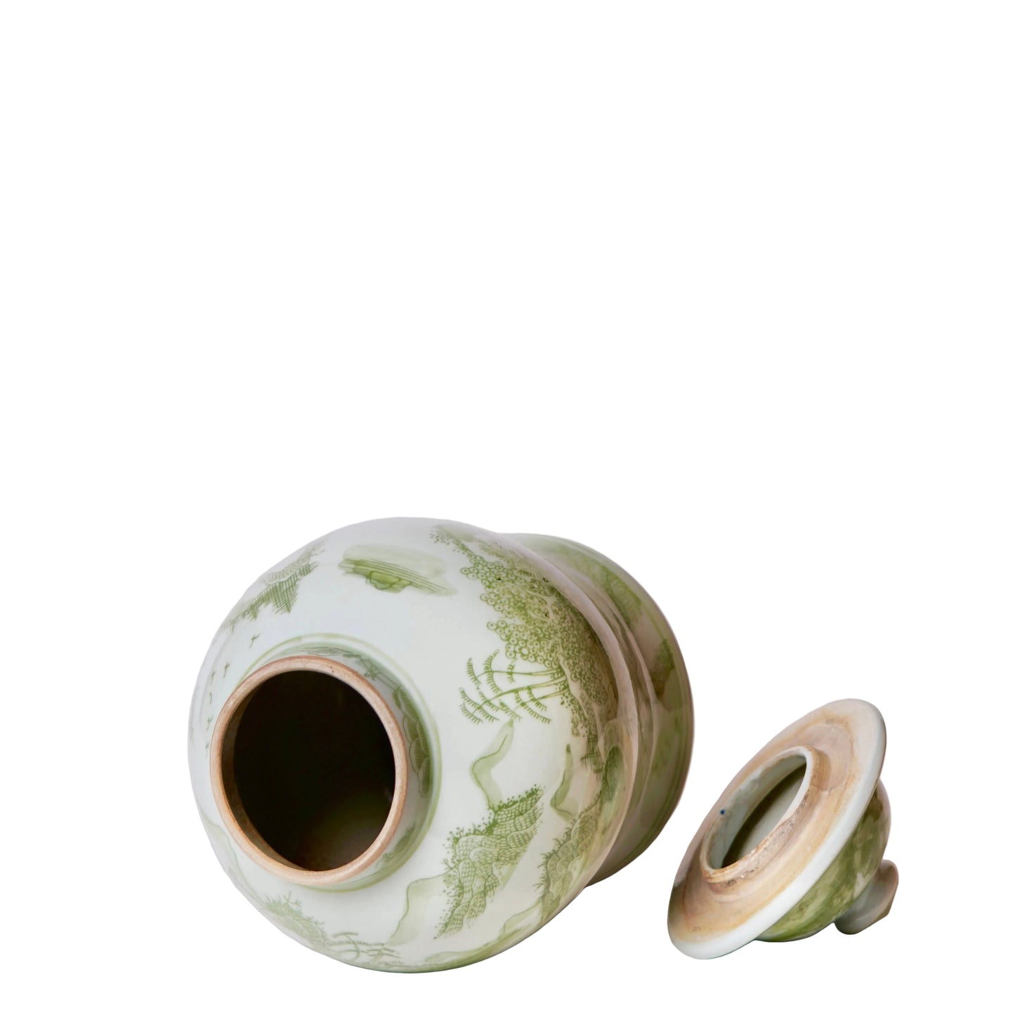 Medium Green and White Porcelain Landscape Temple Jar