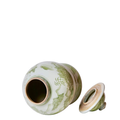 Medium Green and White Porcelain Landscape Temple Jar
