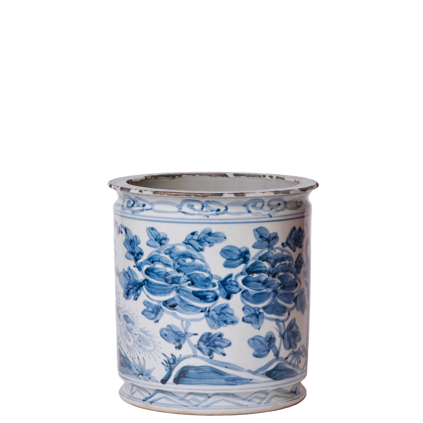 Rustic Peacock Blue and White Porcelain Cachepot