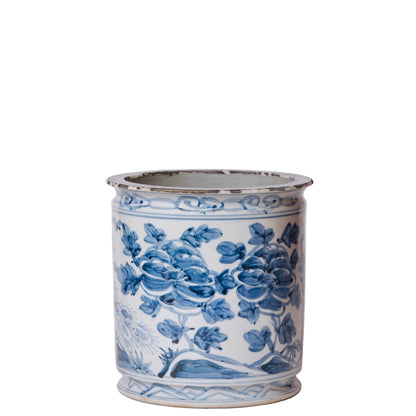 Rustic Peacock Blue and White Porcelain Cachepot