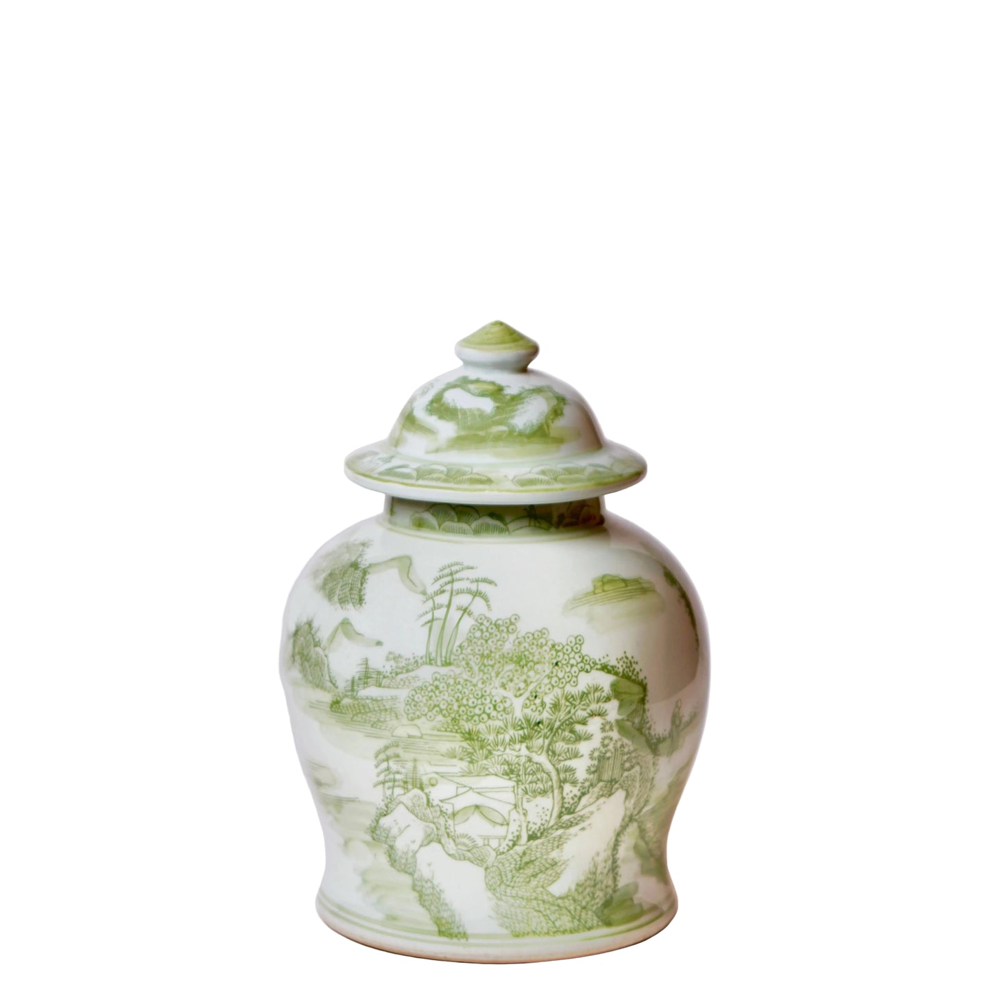 Medium Green and White Porcelain Landscape Temple Jar