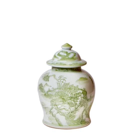 Medium Green and White Porcelain Landscape Temple Jar