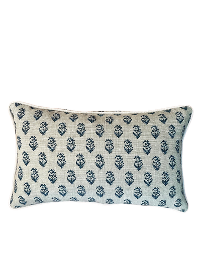 Navy Blue Floral Print Lumbar Pillow with Light Blue Trim, 12" x 20"