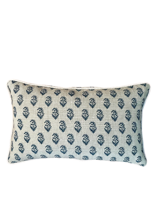 Navy Blue Floral Print Lumbar Pillow with Light Blue Trim, 12" x 20"