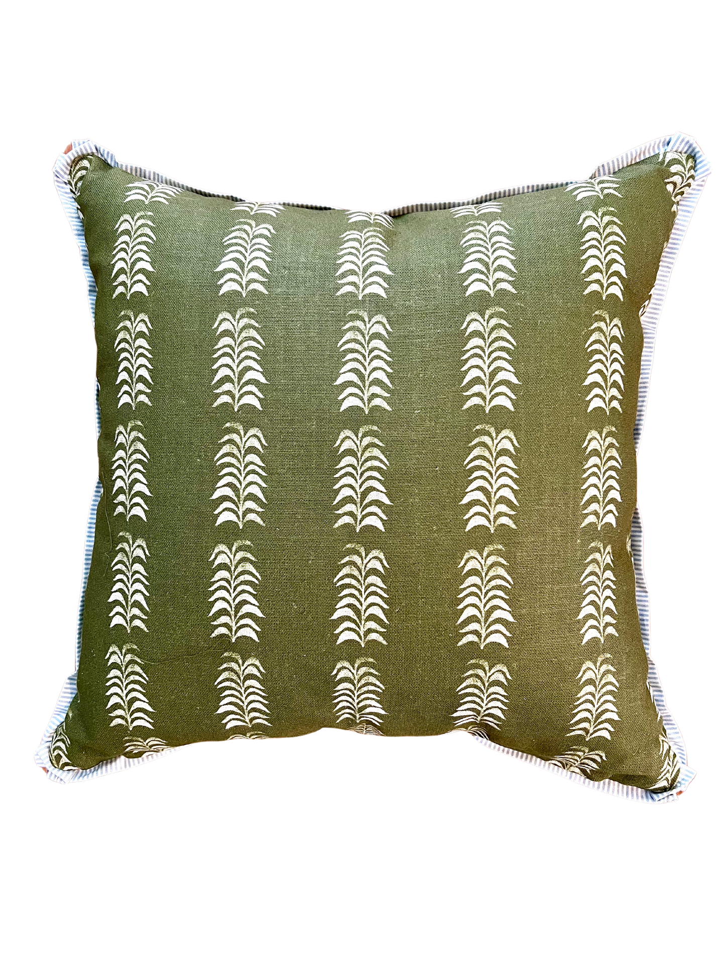 Dark Green Fabric with Blue Stripe Trim Pillow, 22" x 22"