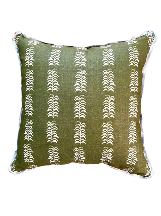 Dark Green Fabric with Blue Stripe Trim Pillow, 22" x 22"