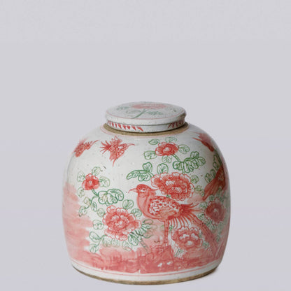 Pink and Green Porcelain Rustic Bird and Flower Lidded Jar: Medium