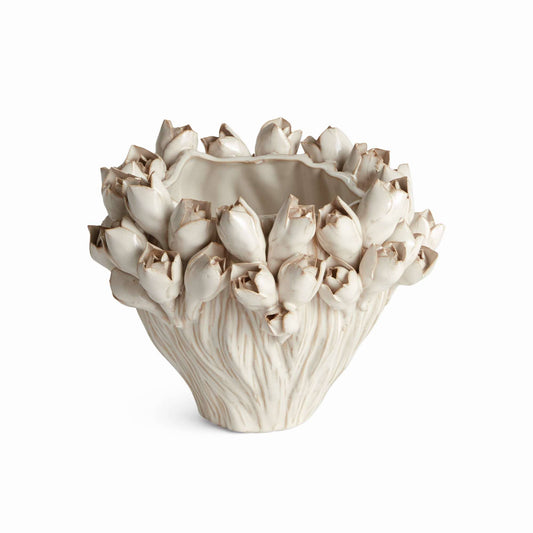 Handcrafted Courtney Vase Short, Antique White Ceramic
