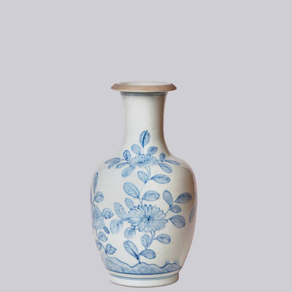 Peony and Daisy Blue and White Porcelain Mallet Vase