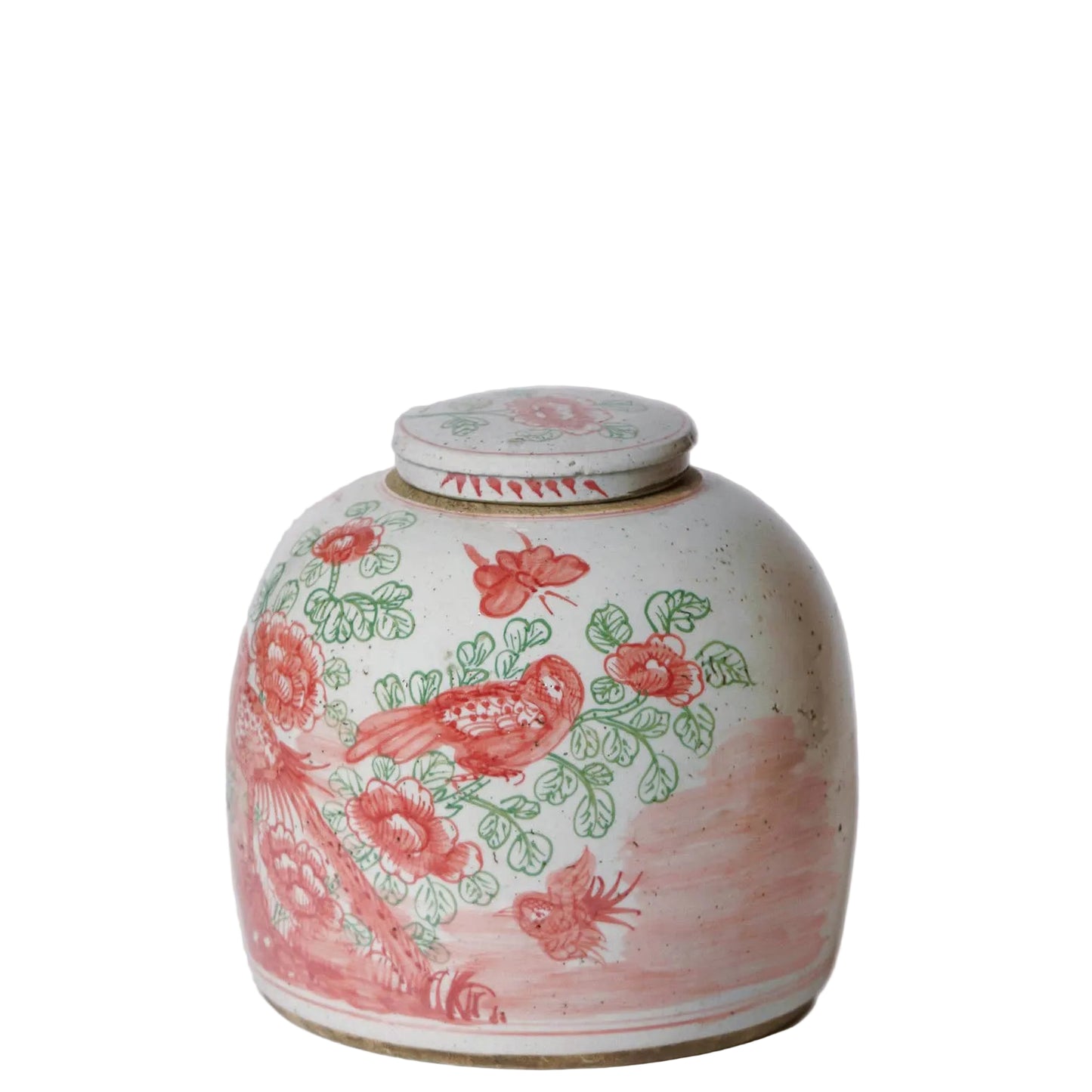 Pink and Green Porcelain Rustic Bird and Flower Lidded Jar: Medium