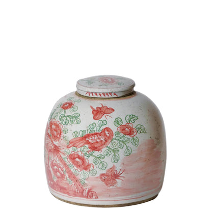 Pink and Green Porcelain Rustic Bird and Flower Lidded Jar: Medium