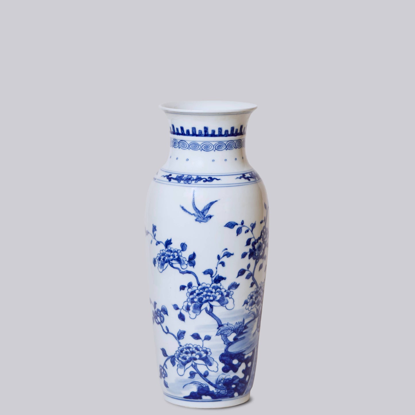 Bird and Flower Blue and White Porcelain Mallet Vase