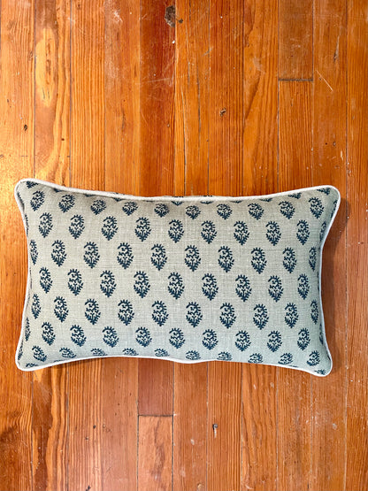 Navy Blue Floral Print Lumbar Pillow with Light Blue Trim, 12" x 20"