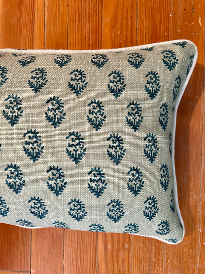 Navy Blue Floral Print Lumbar Pillow with Light Blue Trim, 12" x 20"