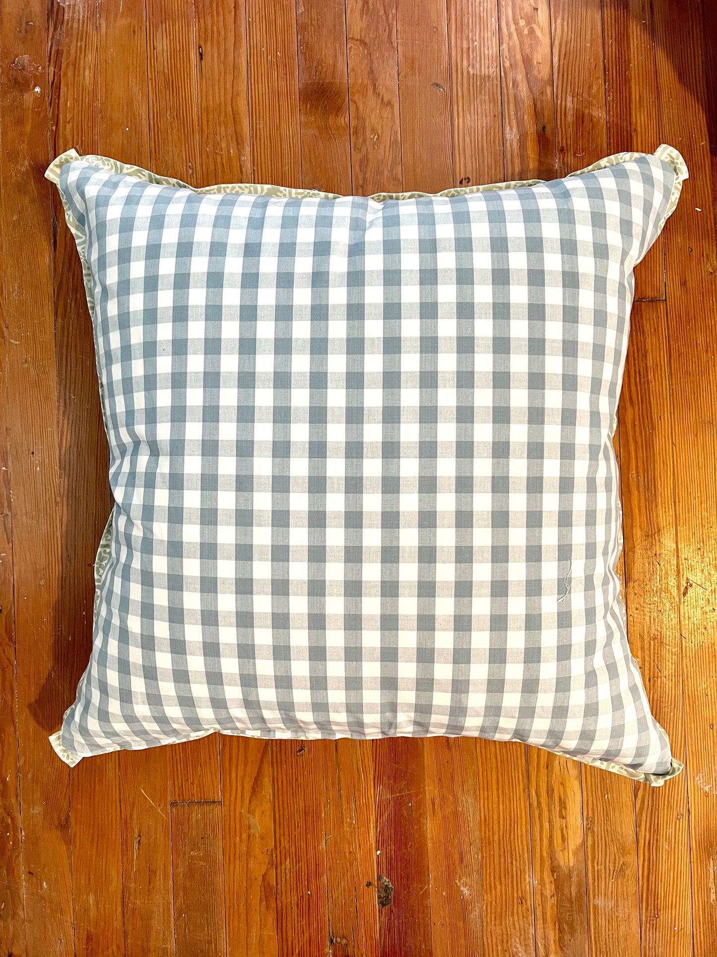 Green Fabric with Reverse Blue Gingham Fabric Pillow, 26"x26"