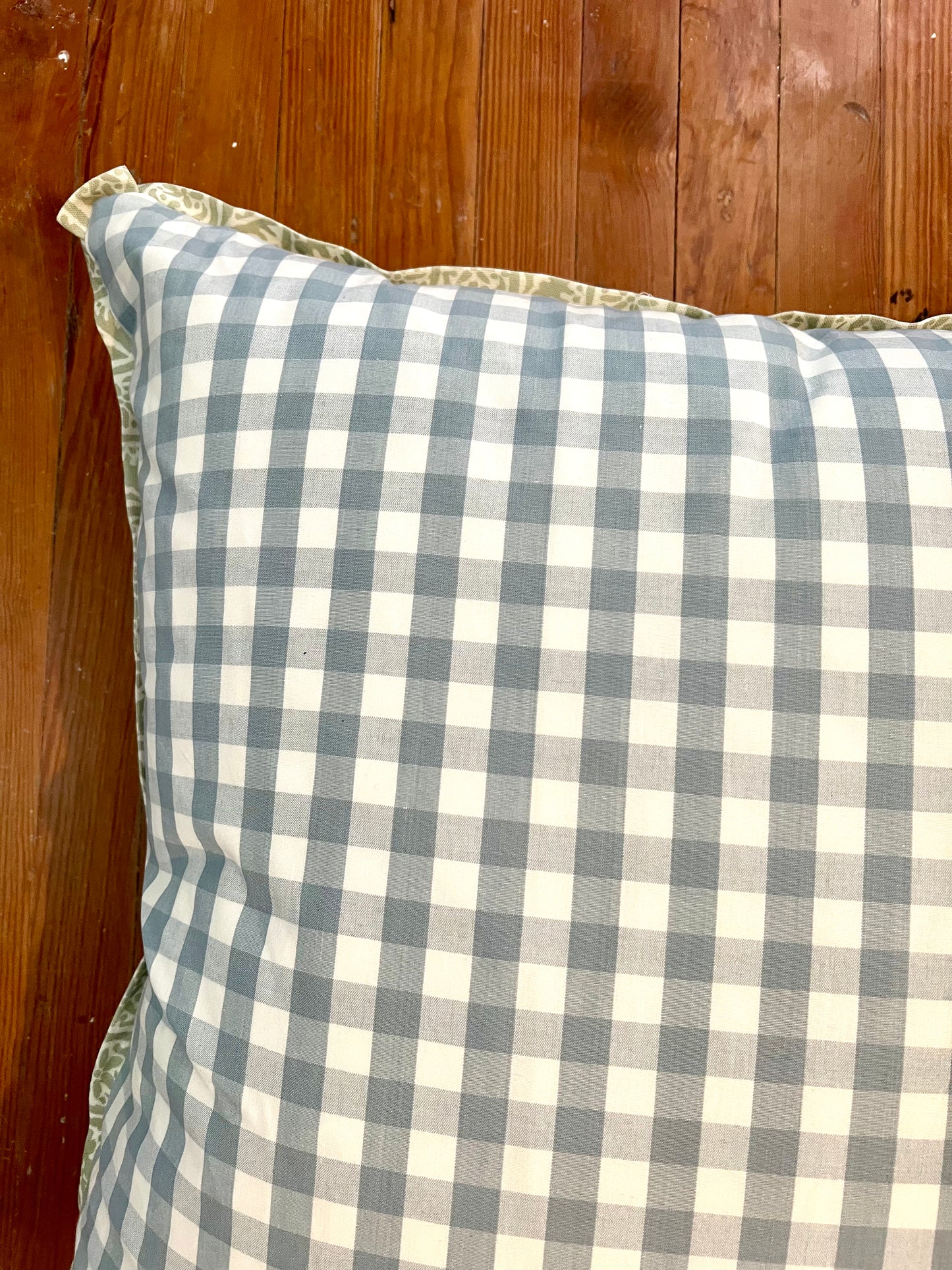 Green Fabric with Reverse Blue Gingham Fabric Pillow, 26"x26"