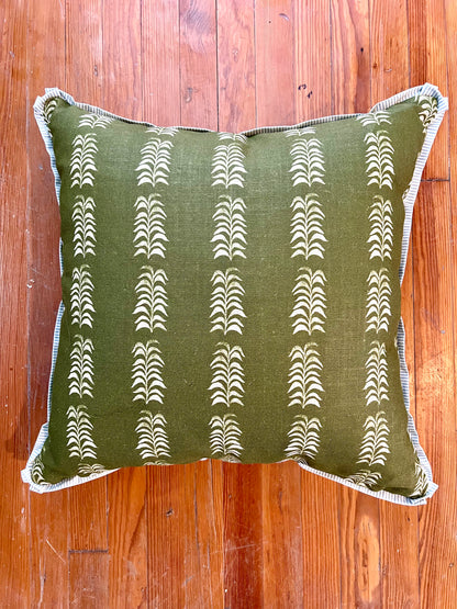 Dark Green Fabric with Blue Stripe Trim Pillow, 22" x 22"