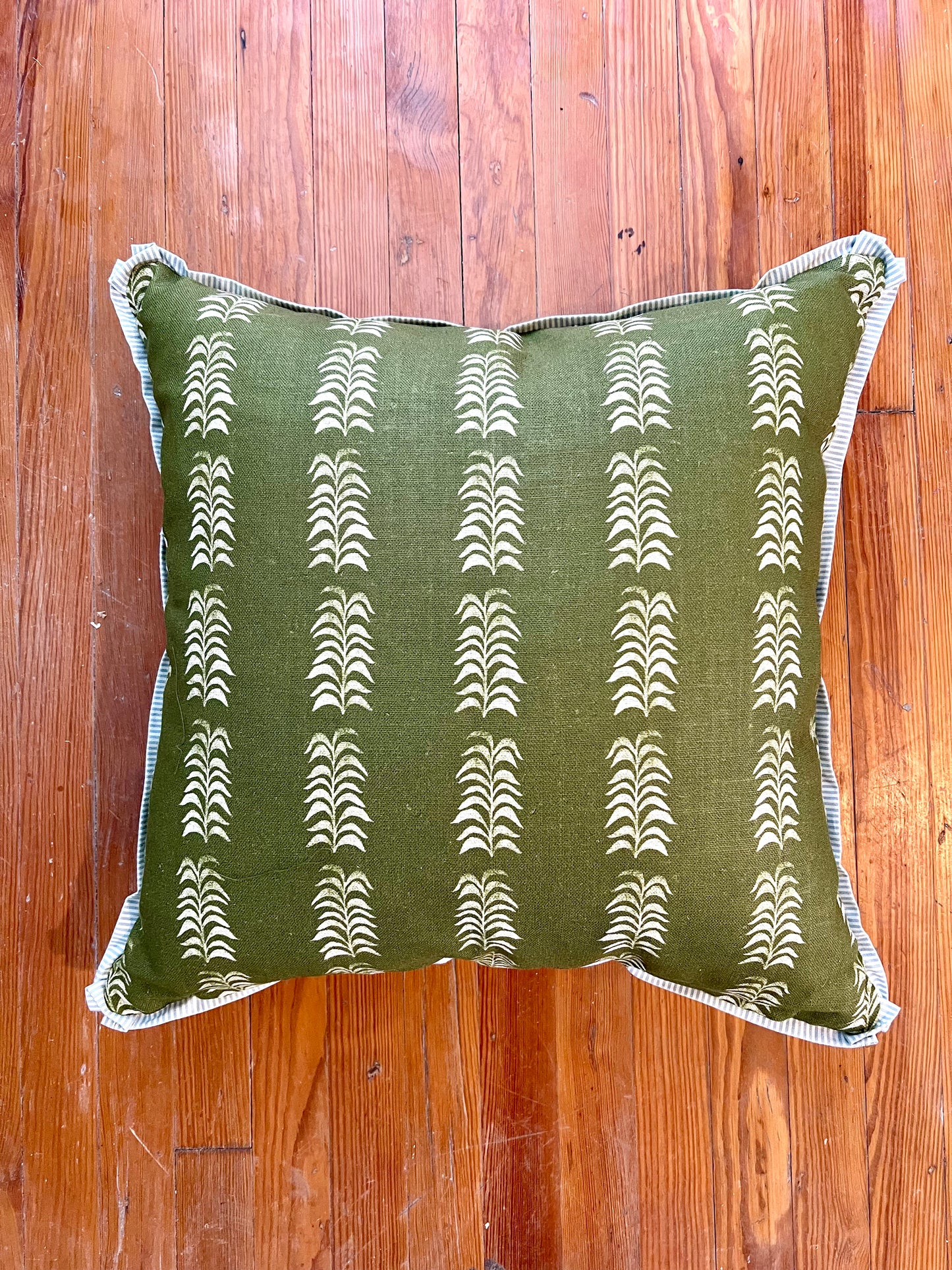 Dark Green Fabric with Blue Stripe Trim Pillow, 22" x 22"