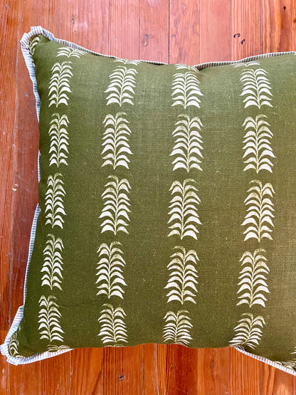 Dark Green Fabric with Blue Stripe Trim Pillow, 22" x 22"