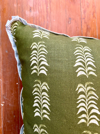 Dark Green Fabric with Blue Stripe Trim Pillow, 22" x 22"