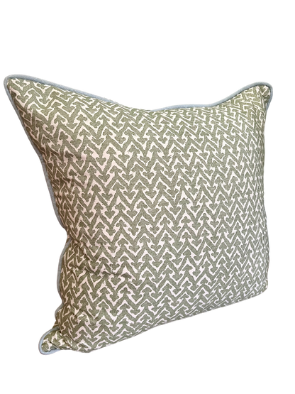 Green Fermoie Fabric with Light Blue Trim Pillow, 22" x 22"