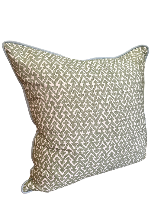 Green Fermoie Fabric with Light Blue Trim Pillow, 22" x 22"