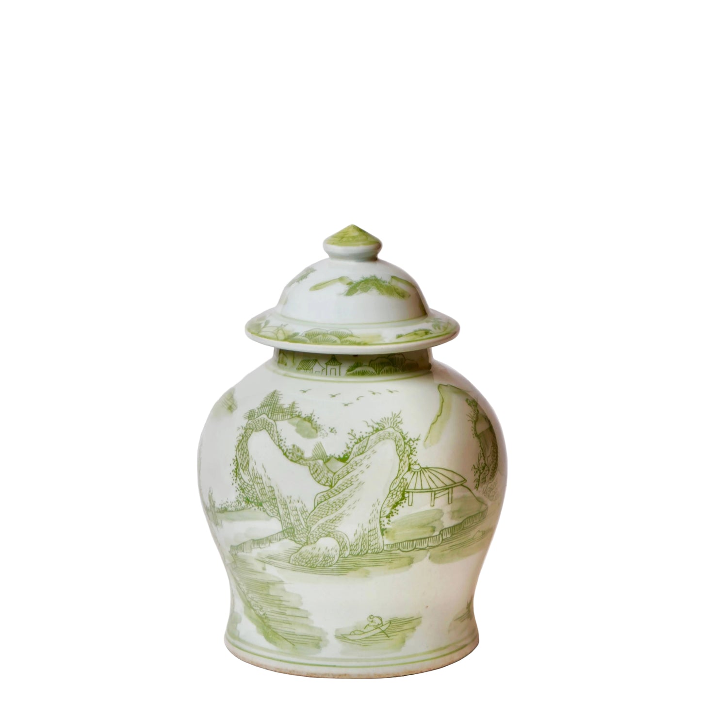 Medium Green and White Porcelain Landscape Temple Jar