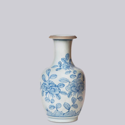 Peony and Daisy Blue and White Porcelain Mallet Vase