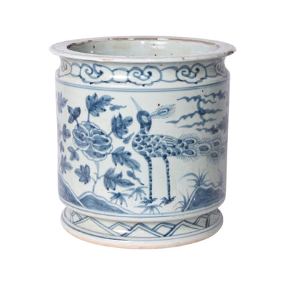 Blue and White Orchid Pot Bird Motif