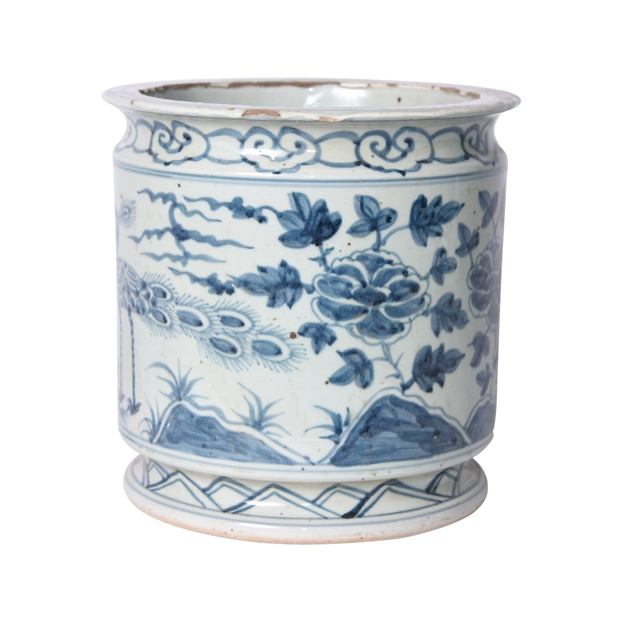 Blue and White Orchid Pot Bird Motif