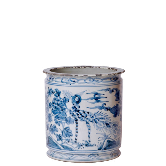 Rustic Peacock Blue and White Porcelain Cachepot