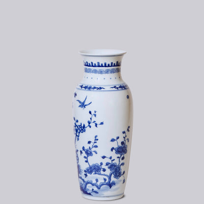 Bird and Flower Blue and White Porcelain Mallet Vase