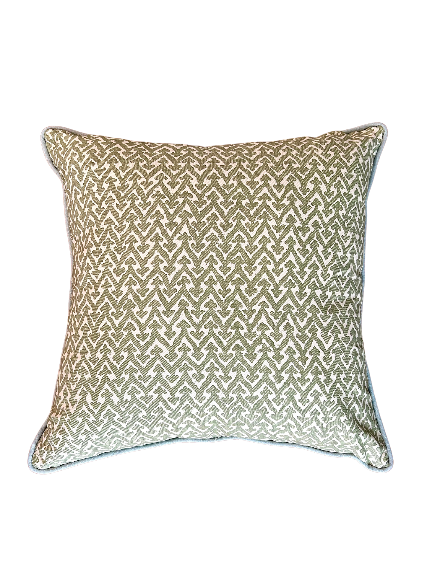 Green Fermoie Fabric with Light Blue Trim Pillow, 22" x 22"